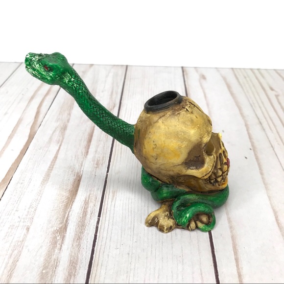 Rare New Vintage Yellow Skull Green Snake Tobacco Smoke Handmade Pipe Gothic Art - Picture 3 of 8